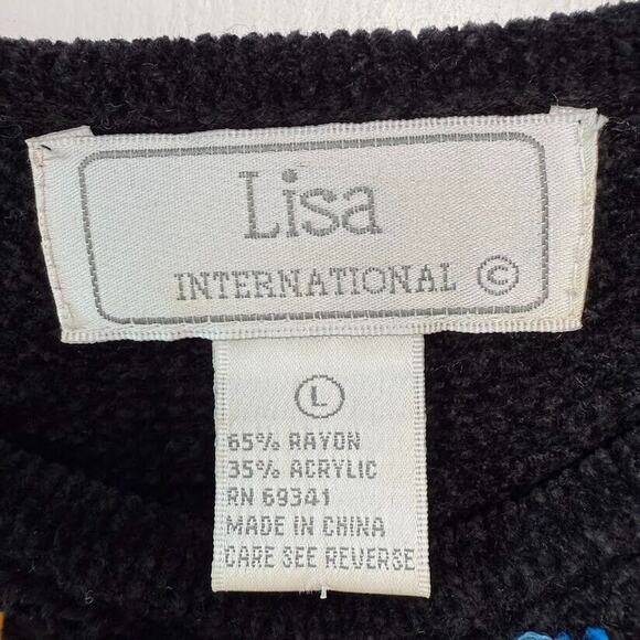 VTG Colorful Fringe Sweater Womens Large Black Knit Shoulder Pads Chenile - Picture 3 of 5